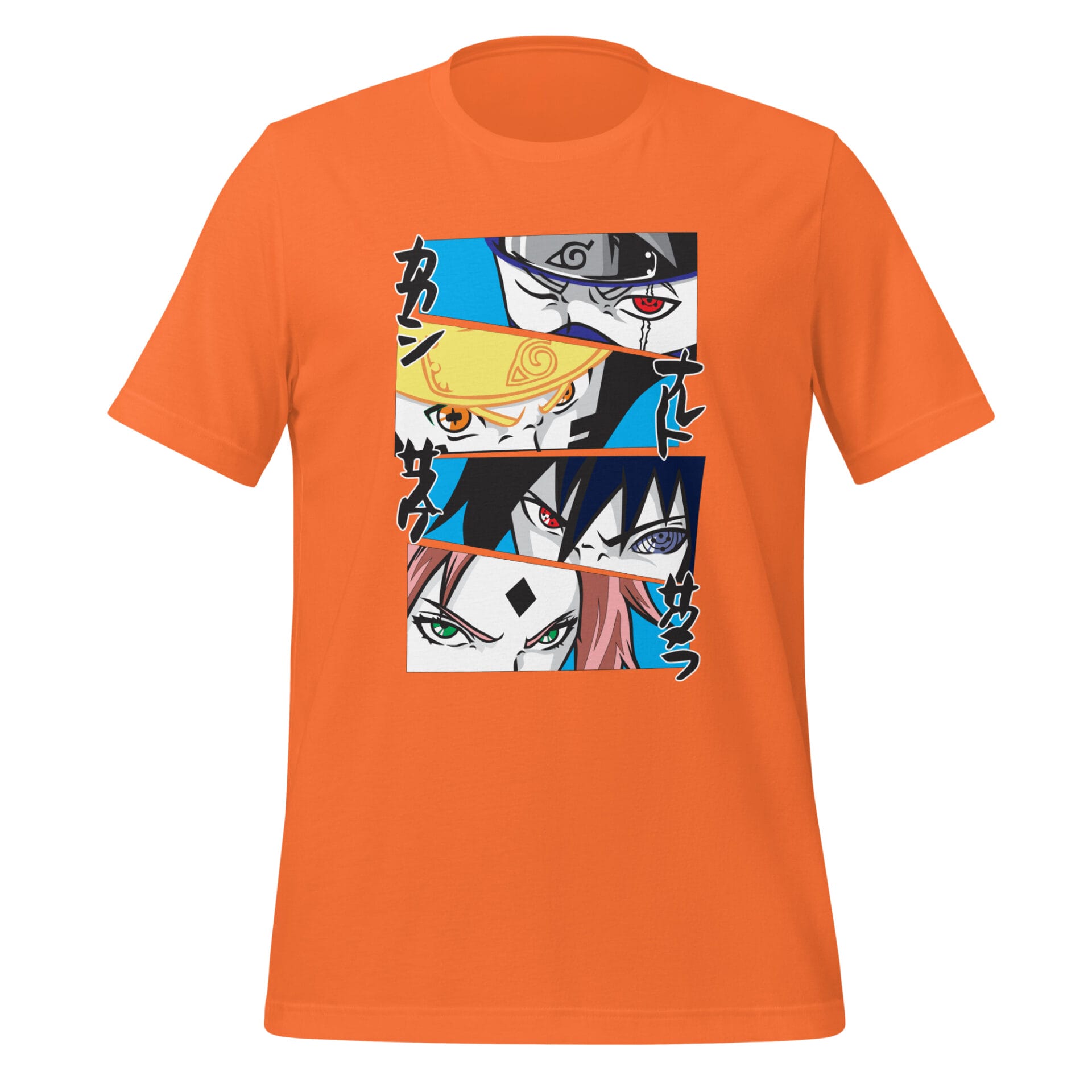 An orange t-shirt displays a graphic featuring four close-up faces of animated characters with intense expressions framed in a grid pattern against a blue background with Japanese text.