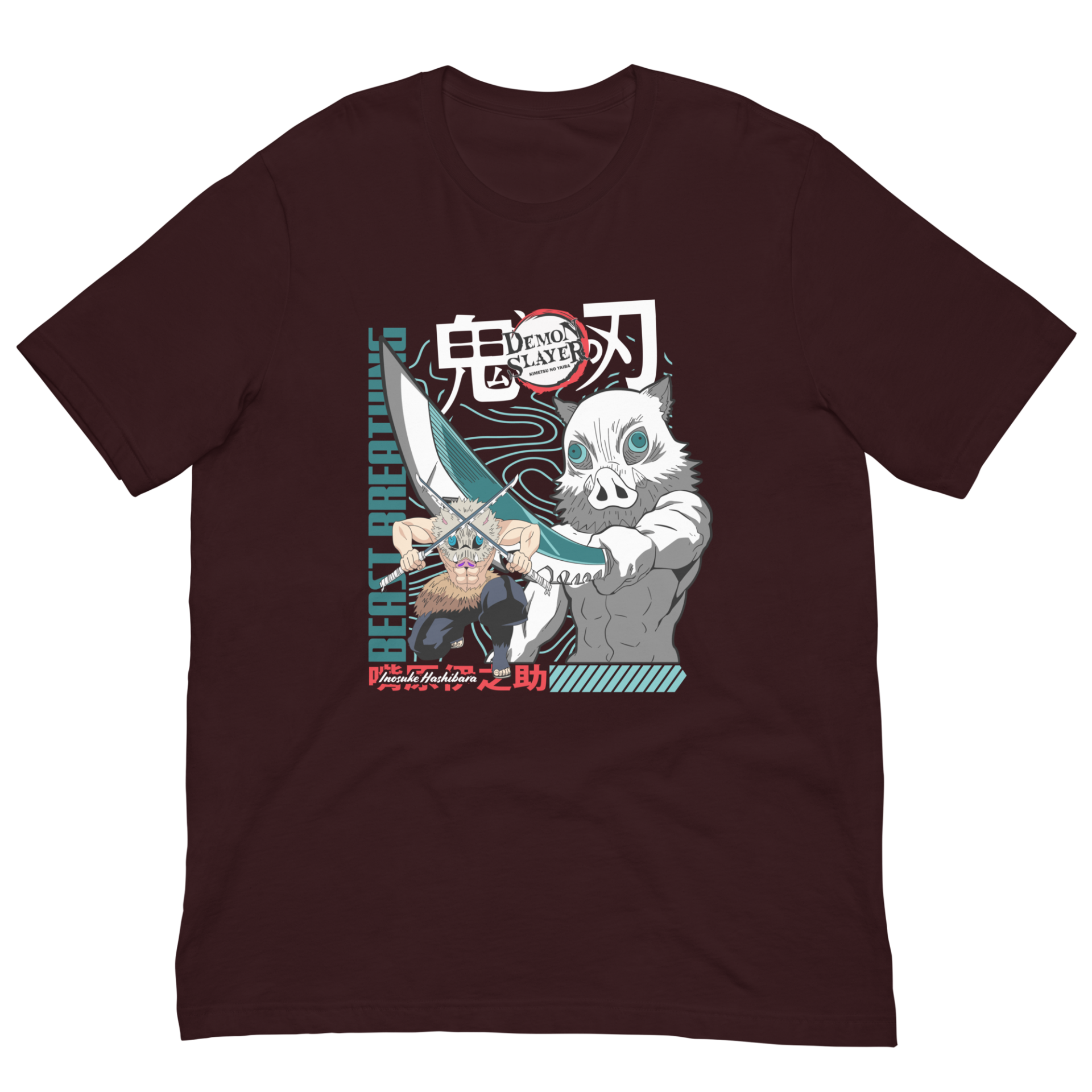 A maroon shirt features a graphic of two characters from an anime holding swords with dynamic poses against a stylized background. Text includes "Demon Slayer" and "BEAST BREATHING."