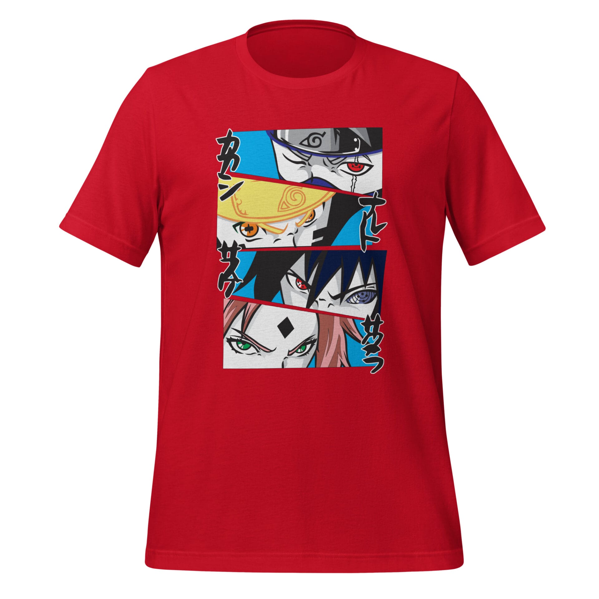 A red t-shirt displays a graphic featuring four anime characters’ faces in close-up with intense expressions and distinct hairstyles set against a colorful background. Text in Japanese is included beside the characters.