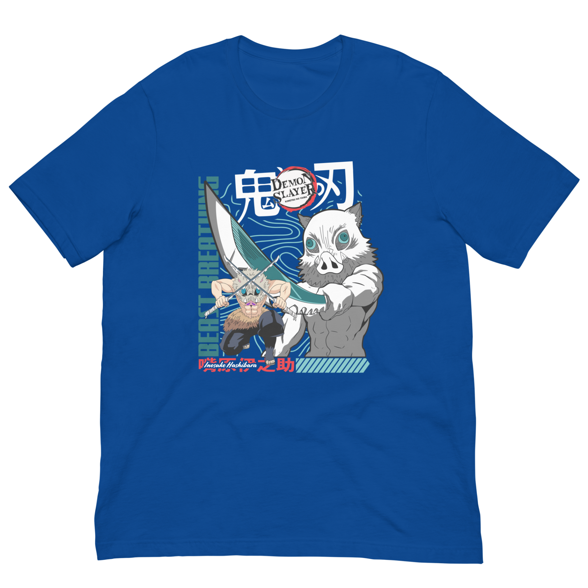 A blue t-shirt displays two anime characters holding swords in an action pose with the text DEMON SLAYER and BEAST BREATHING in prominent positions along with stylized artwork and vibrant colors.