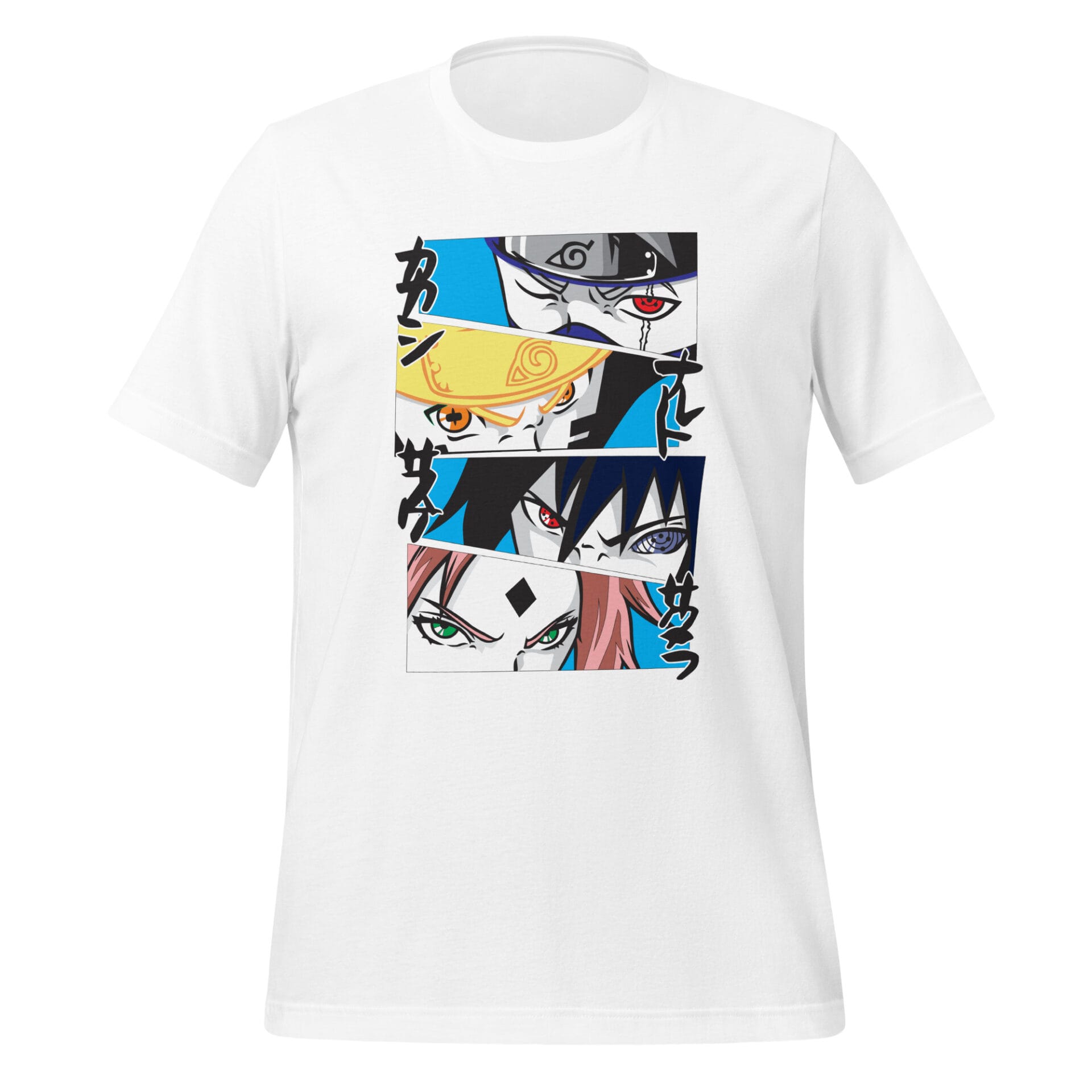 A white t-shirt displays four large  illustrated faces of characters  each focused and intense  against a colorful background with Japanese text alongside them.