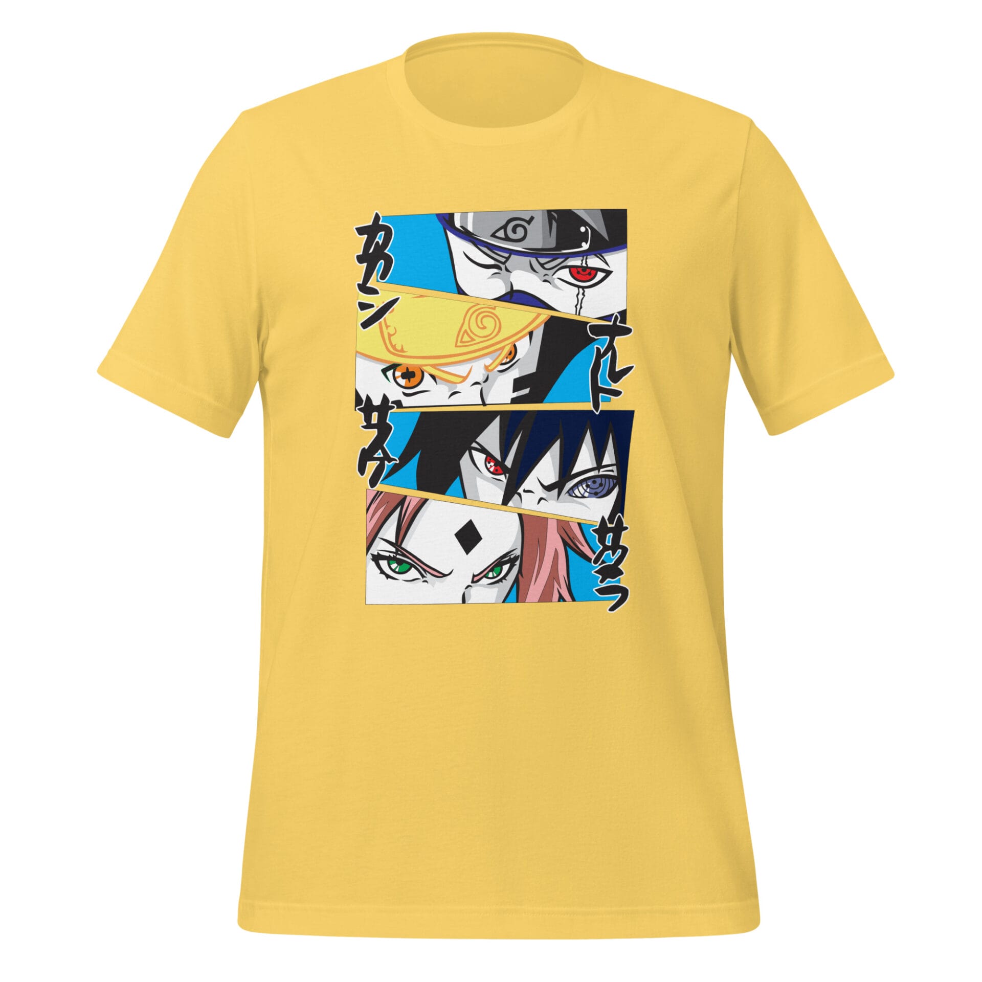 A yellow t-shirt displays a graphic of four characters' faces in a grid pattern featuring intense expressions and colorful backgrounds  emphasizing their striking eyes and unique hairstyles.